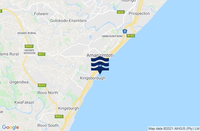 Mappa delle maree di Amanzimtoti, South Africa