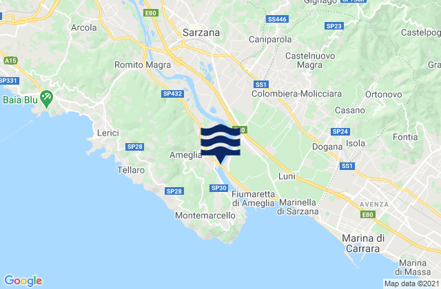 Mappa delle maree di Ameglia, Italy