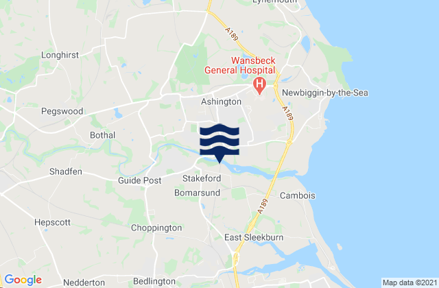 Mappa delle maree di Ashington, United Kingdom