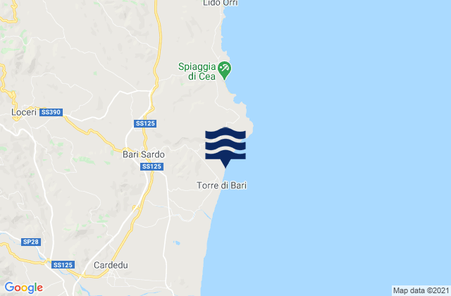 Mappa delle maree di Bari Sardo, Italy