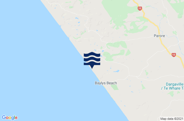 Mappa delle maree di Baylys Beach, New Zealand