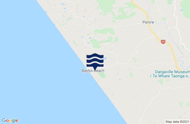 Mappa delle maree di Baylys Beach, New Zealand