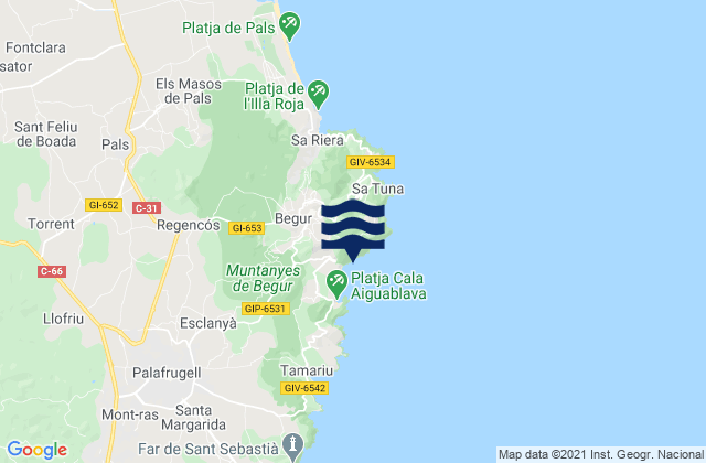 Mappa delle maree di Begur, Spain