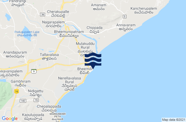 Mappa delle maree di Bhīmunipatnam, India