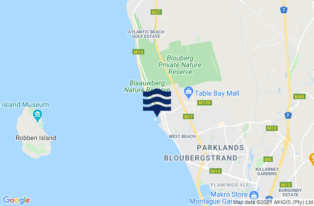 Mappa delle maree di Bloubergstrand, South Africa