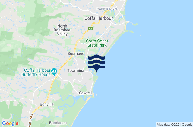 Mappa delle maree di Boambee, Australia