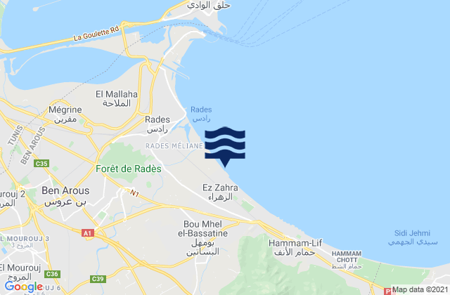 Mappa delle maree di Bou Mhel El Bassatine, Tunisia