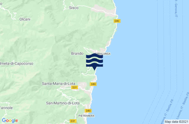Mappa delle maree di Brando, France