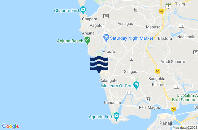 Mappa delle maree di Calangute, India