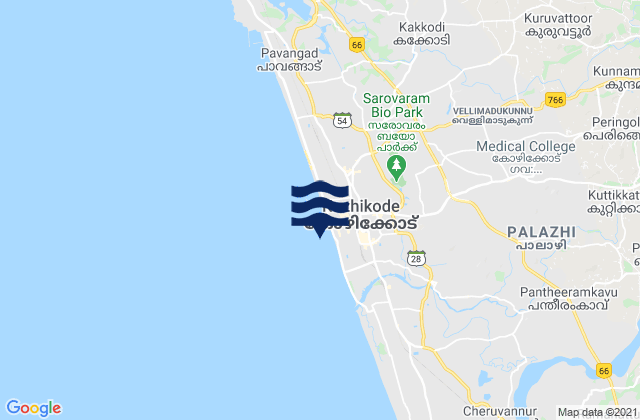 Mappa delle maree di Calicut, India