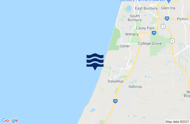 Mappa delle maree di Dalyellup Beach, Australia