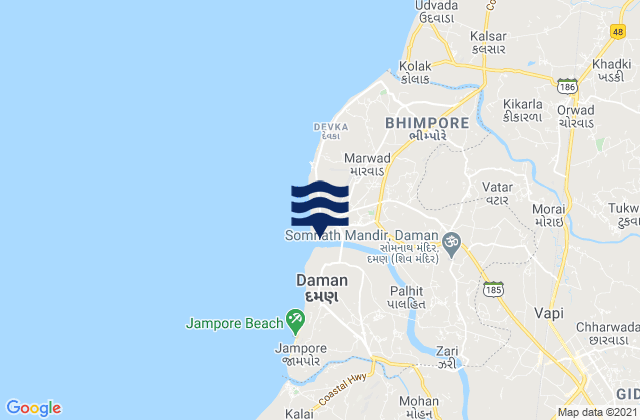 Mappa delle maree di Damān, India
