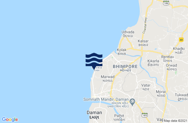 Mappa delle maree di Devka Beach, India