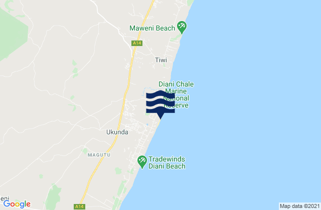 Mappa delle maree di Diani Beach, Kenya