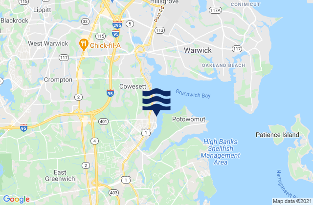 Mappa delle maree di East Greenwich, United States