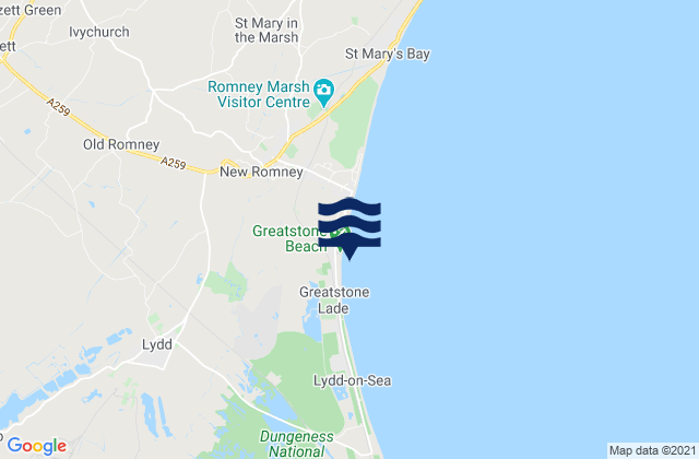 Mappa delle maree di Greatstone Beach, United Kingdom