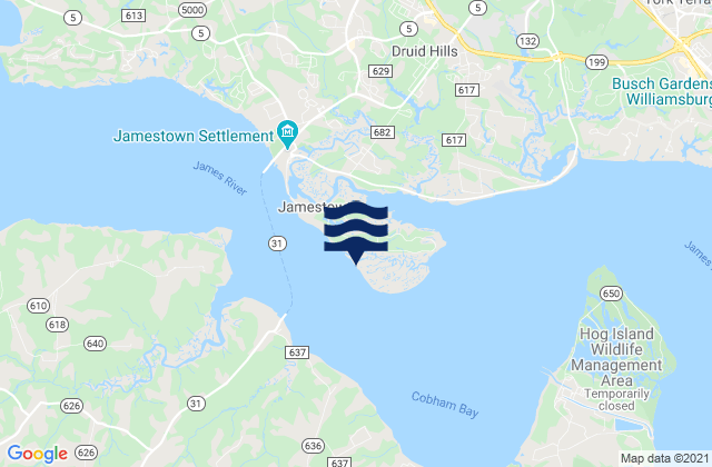 Mappa delle maree di Jamestown Island, United States