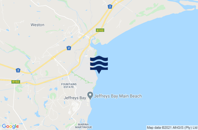 Mappa delle maree di Jeffreys Bay (J-Bay), South Africa
