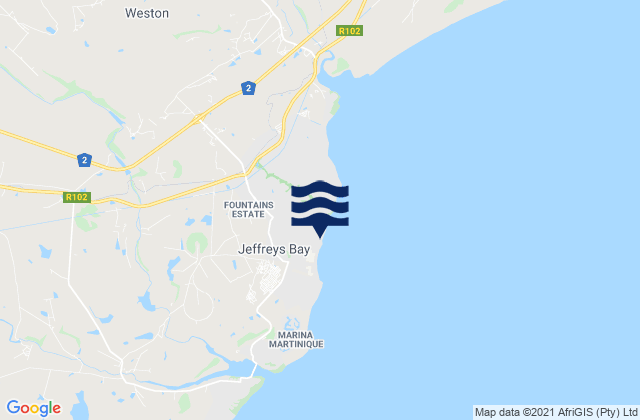 Mappa delle maree di Jeffreys Bay, South Africa