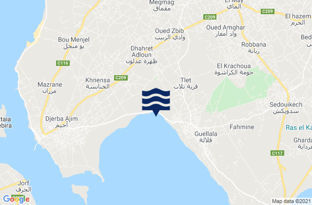 Mappa delle maree di Jerba Ajim, Tunisia