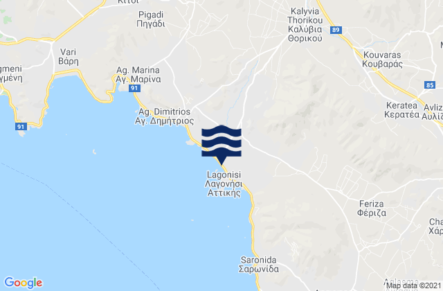 Mappa delle maree di Kalývia Thorikoú, Greece