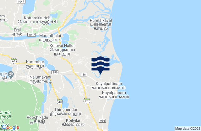 Mappa delle maree di Kayalpattinam, India