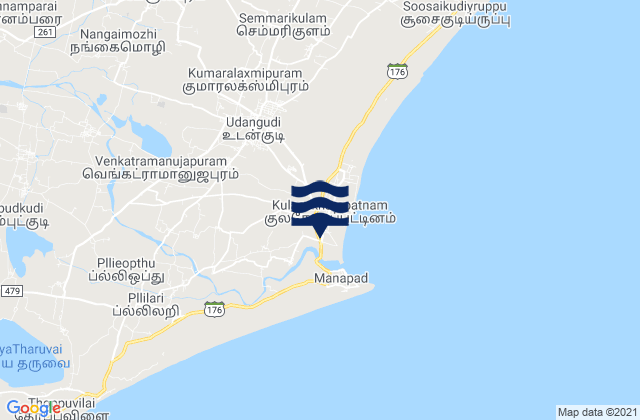 Mappa delle maree di Kulasekarapatnam, India