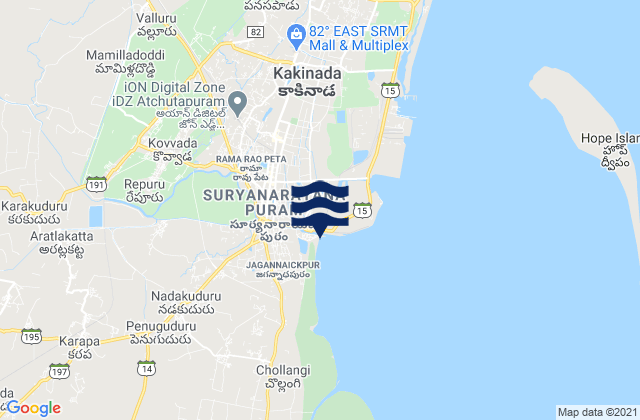 Mappa delle maree di Kākināda, India