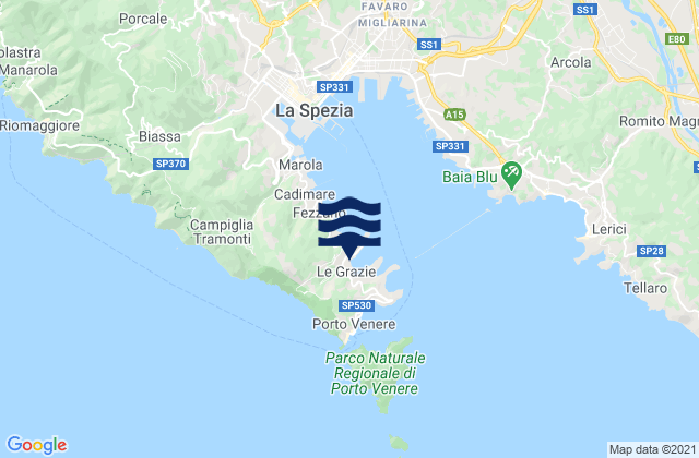 Mappa delle maree di Le Grazie, Italy