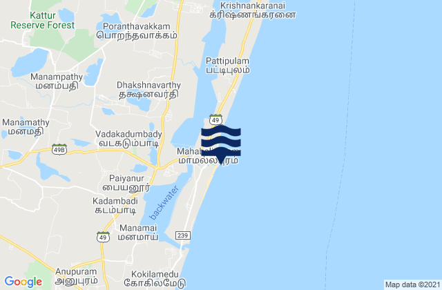 Mappa delle maree di Mahabalipuram (Shore Temple), India