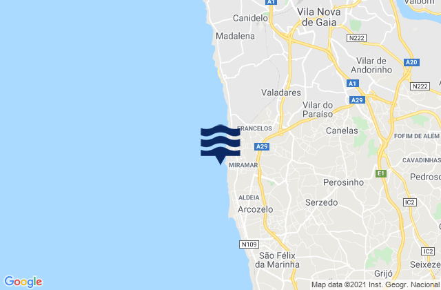 Mappa delle maree di Miramar, Portugal
