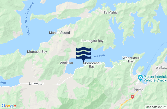 Mappa delle maree di Momorangi Bay, New Zealand