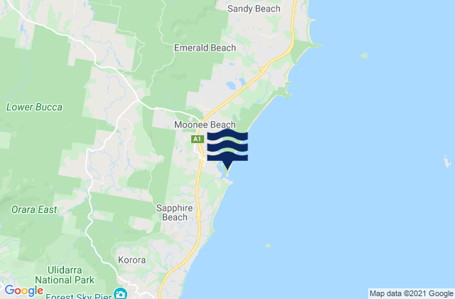Mappa delle maree di Moonee Beach, Australia