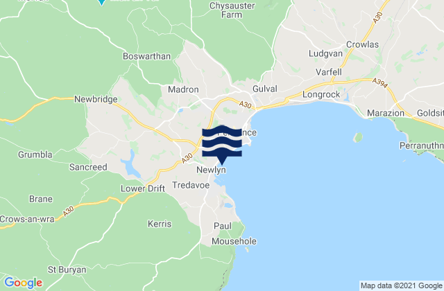 Mappa delle maree di Mounts Bay (Penzance), United Kingdom