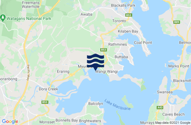 Mappa delle maree di Myuna Bay, Australia
