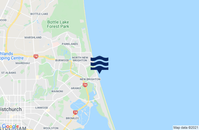 Mappa delle maree di New Brighton Beach, New Zealand