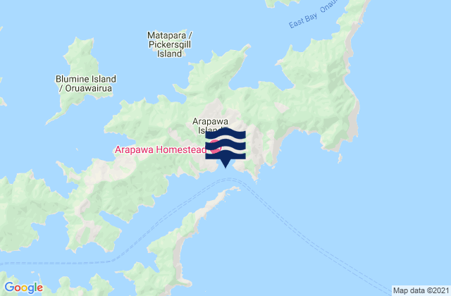 Mappa delle maree di Okukari Bay, New Zealand