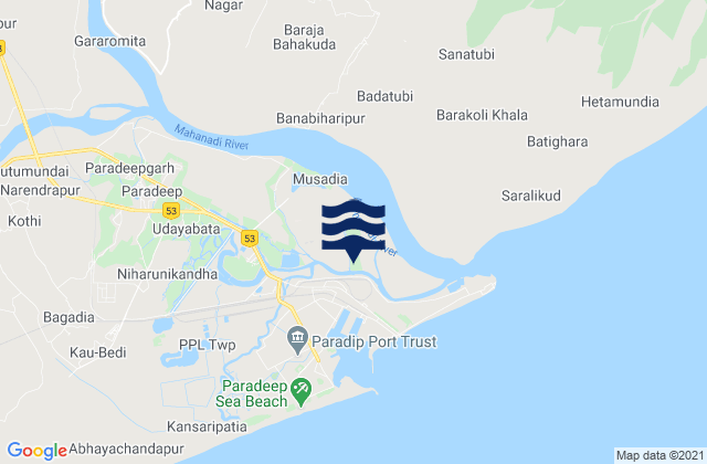 Mappa delle maree di Parādīp Garh, India