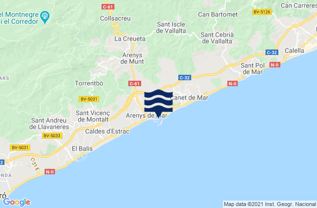 Mappa delle maree di Port d'Arenys, Spain