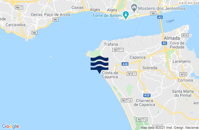 Mappa delle maree di Praia da Costa da Caparica, Portugal