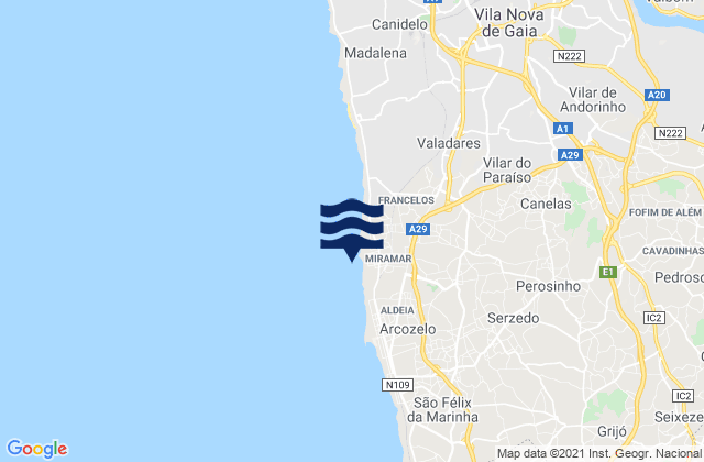 Mappa delle maree di Praia de Miramar, Portugal