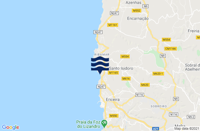Mappa delle maree di Praia de Ribeira d'Ilhas, Portugal