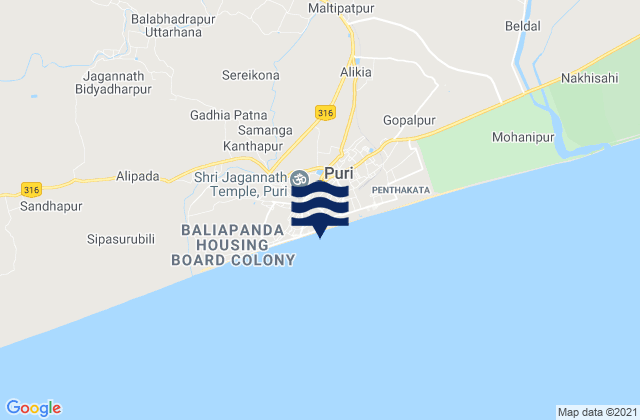 Mappa delle maree di Puri Beach, India