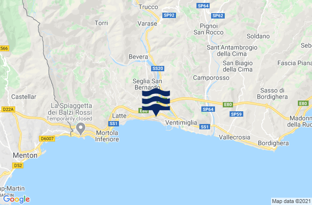 Mappa delle maree di Rocchetta Nervina, Italy