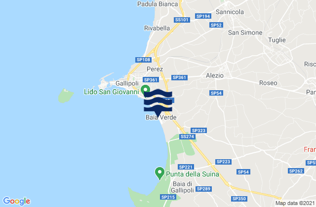 Mappa delle maree di Spiaggia Baia Verde, Italy
