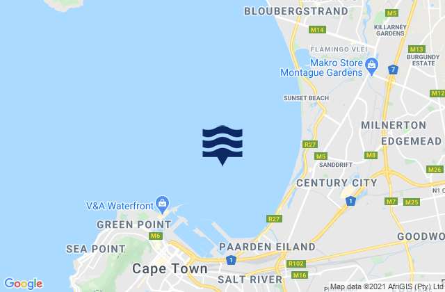 Mappa delle maree di Table Bay, South Africa