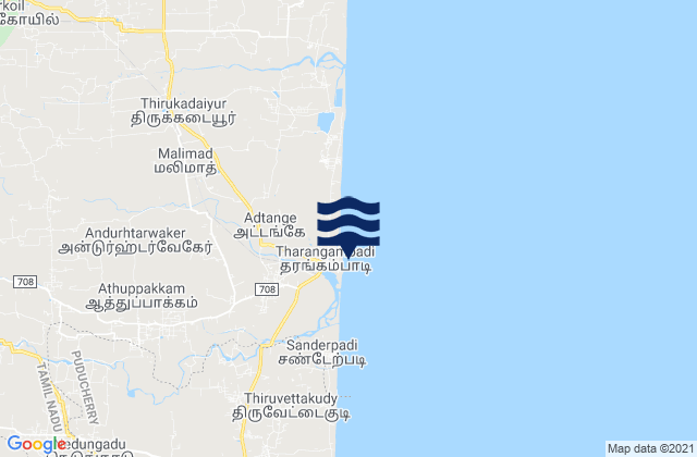 Mappa delle maree di Tharangambadi, India