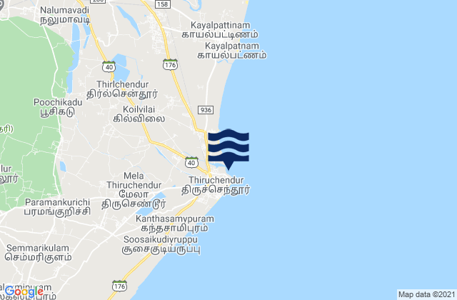 Mappa delle maree di Tiruchchendur, India