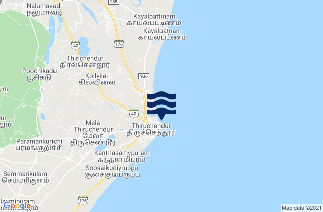 Mappa delle maree di Tiruchendur, India
