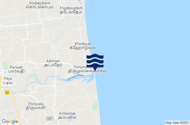 Mappa delle maree di Tirumullaivāsal, India